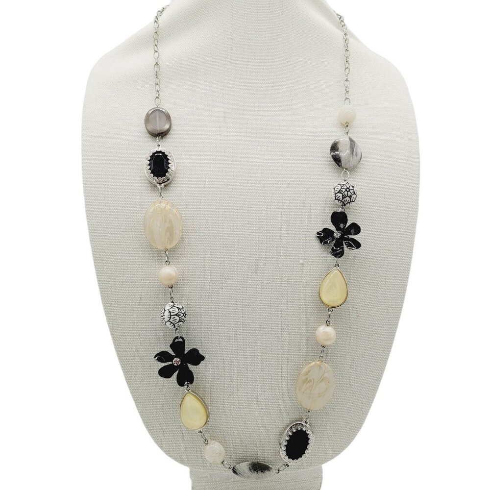 Long New York & Co. Statement Necklace Beads Black Flowers Stations 38"